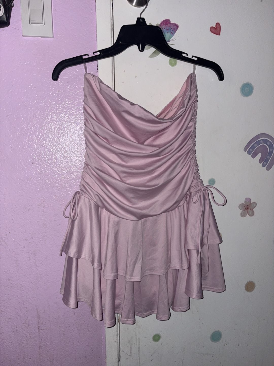 Pink Ruched Tiered Mini Dress with undershorts 2