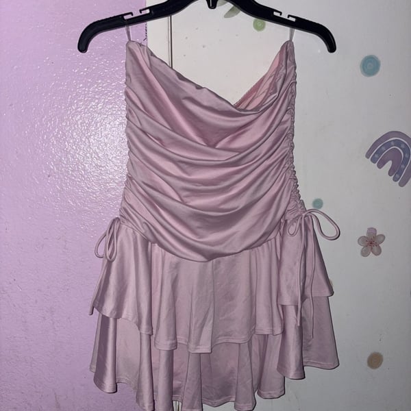 Pink Ruched Tiered Mini Dress with undershorts