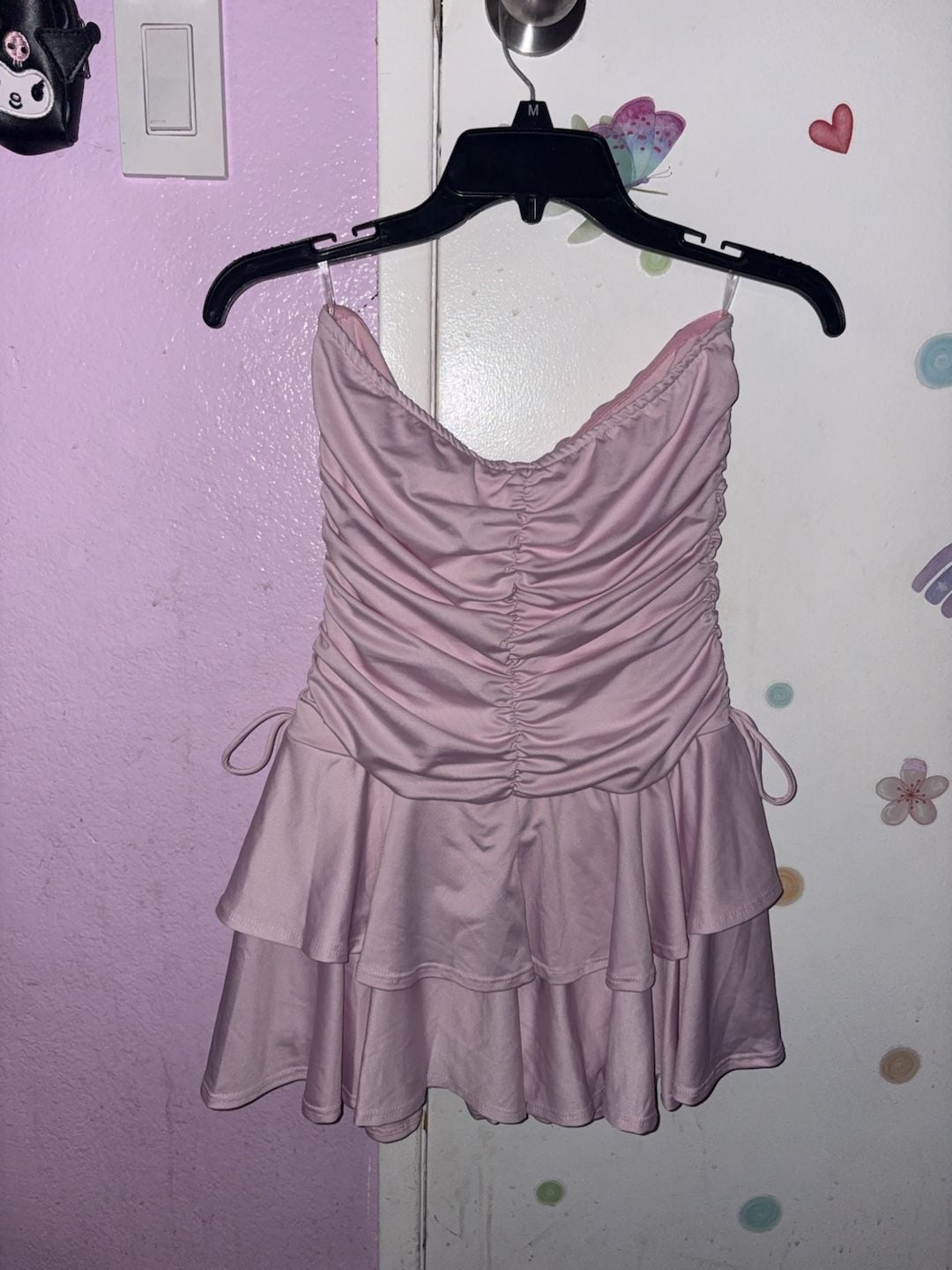 Pink Ruched Tiered Mini Dress with undershorts 3