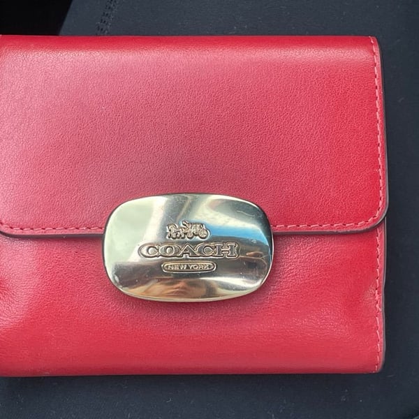 Coach Red Leather Small Snap Wallet with Gold Tone Logo Plaque
