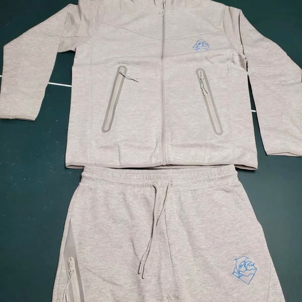 Pink Dolphin Grey Tech Fleece Style Full Zip Hoodie and Jogger Set Large
