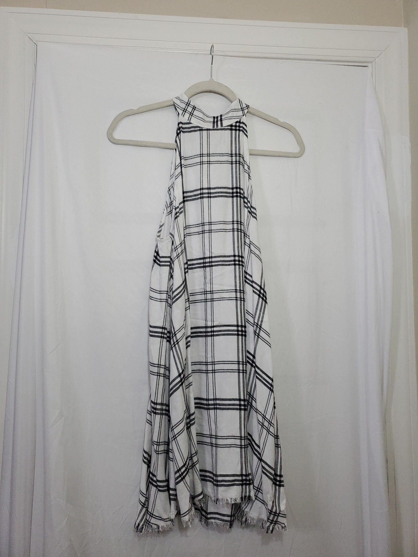 Mud Pie Women's Plaid Halter Neck Dress Size M Frayed Hem 2