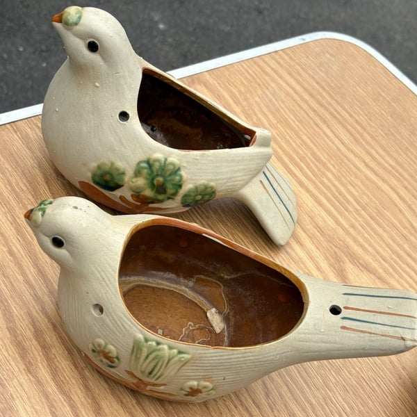 Vintage Ceramic Bird Planter Set of 2 Floral Design