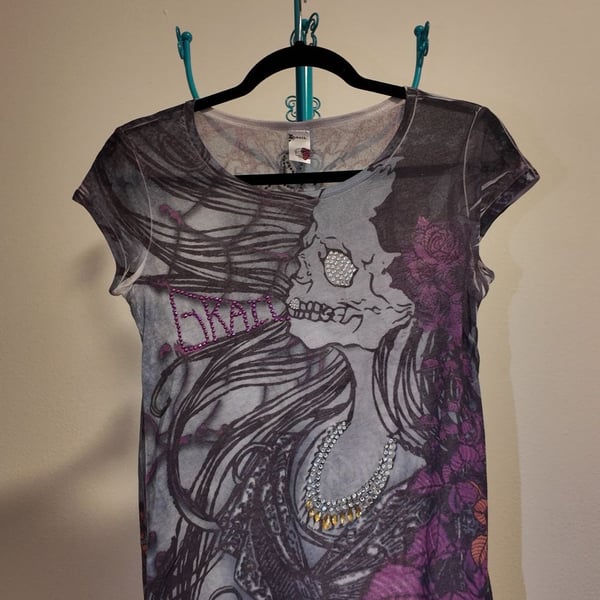 Grail Y2K Gothic Skull & Medusa Rhinestone Graphic Tee Size L