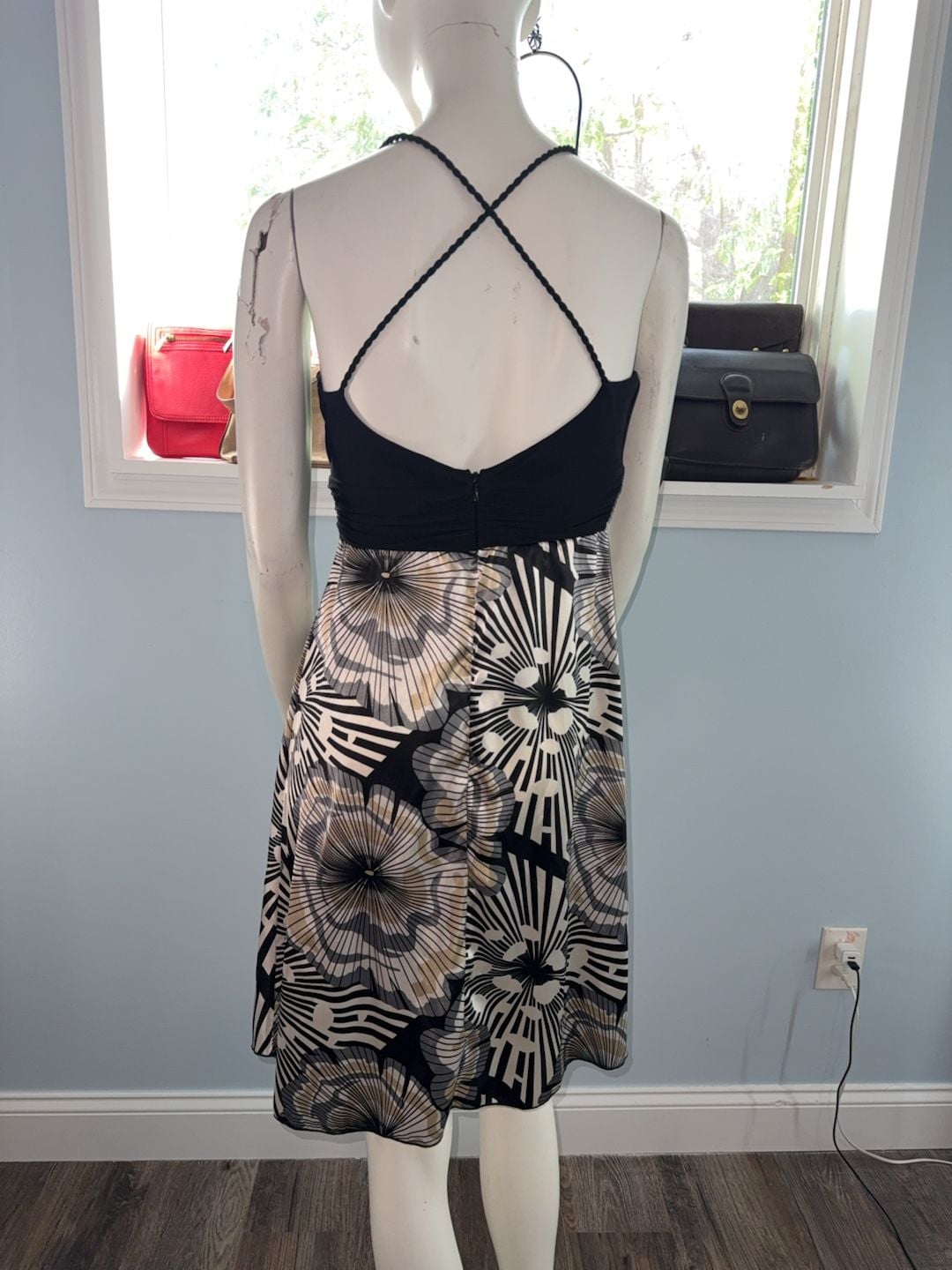 Intrigue Black and White Floral Print Braided Strap Dress 1