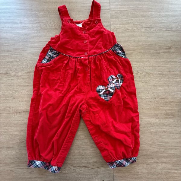 Vintage Toddler Girls Red Corduroy Plaid Heart Overalls Size 24 Months