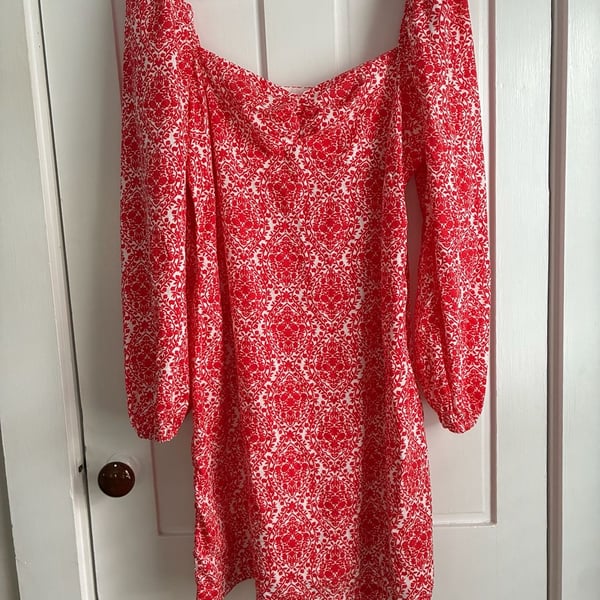 Boden Red and White Damask Print Long Sleeve Square Neck Dress US 12L