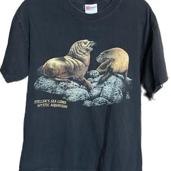 Vintage Hanes Steller's Sea Lions Mystic Aquarium Graphic T-Shirt Size Medium
