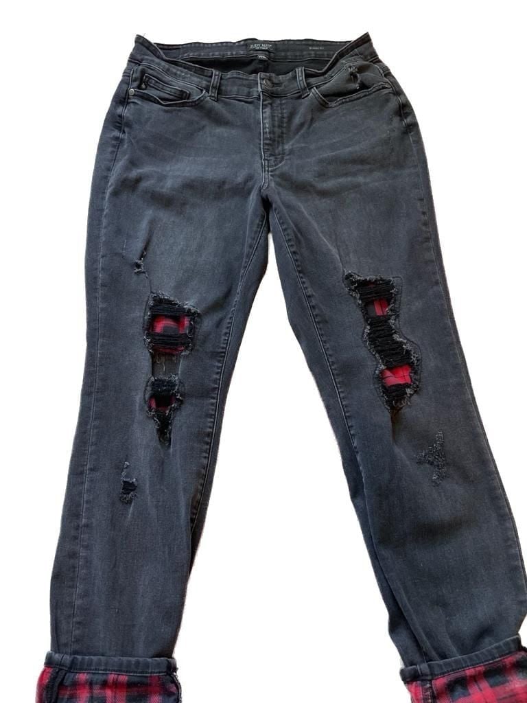 Judy Blue Plaid Patch Punk Rock Distressed Skinny Jeans Plus Size 14W 2