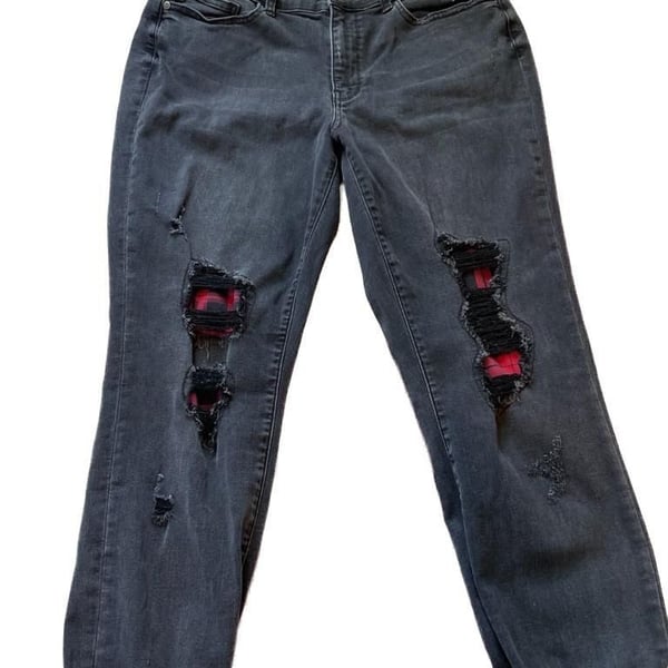 Judy Blue Plaid Patch Punk Rock Distressed Skinny Jeans Plus Size 14W