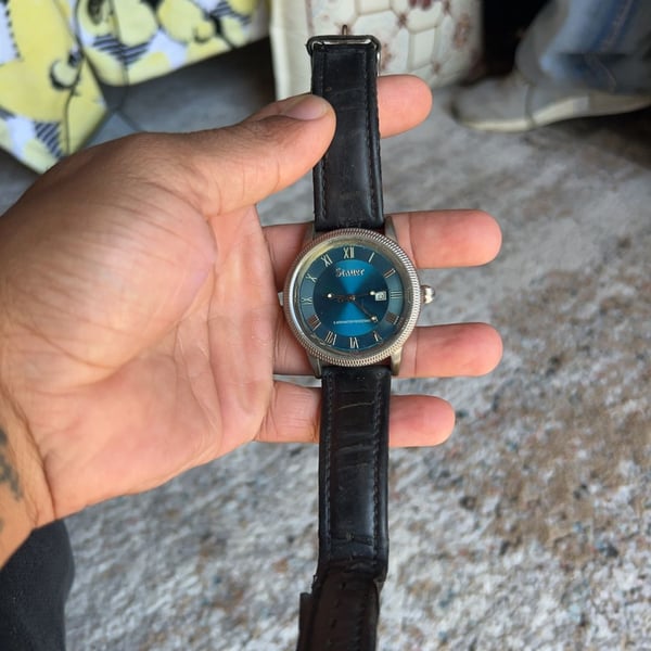 Stauer Blue Dial Roman Numeral Quartz Watch with Leather Strap