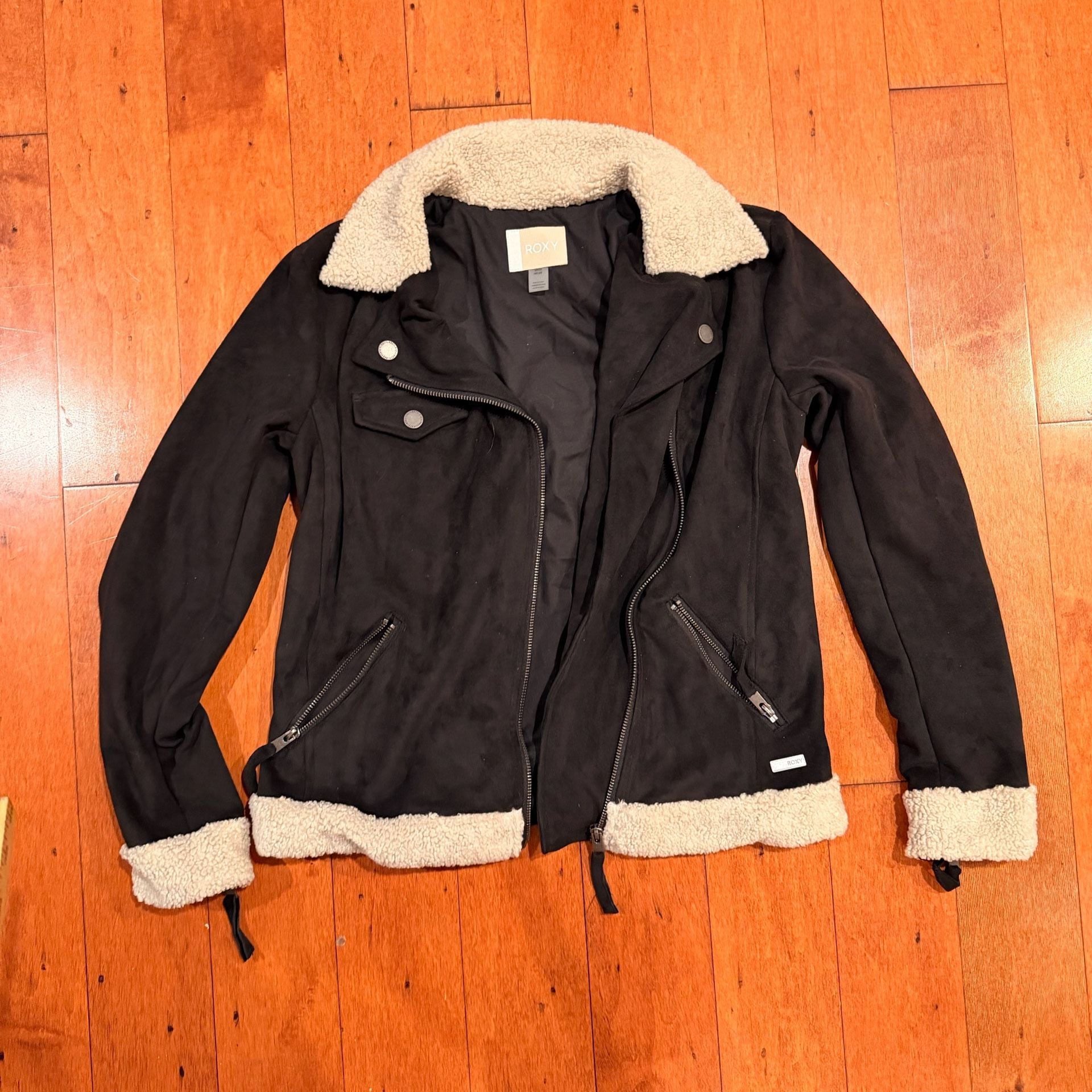 Roxy Women's Black Faux Suede Sherpa Lined Moto Jacket Size S 2