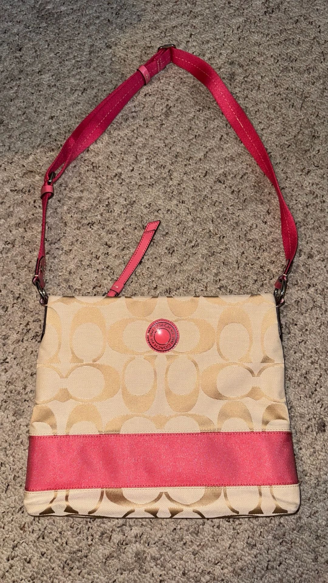 Coach Signature C Canvas Crossbody Bag Beige and Pink 2