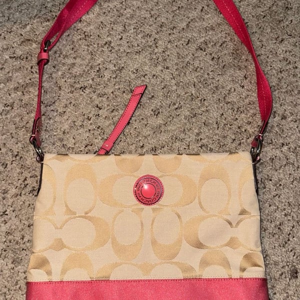 Coach Signature C Canvas Crossbody Bag Beige and Pink