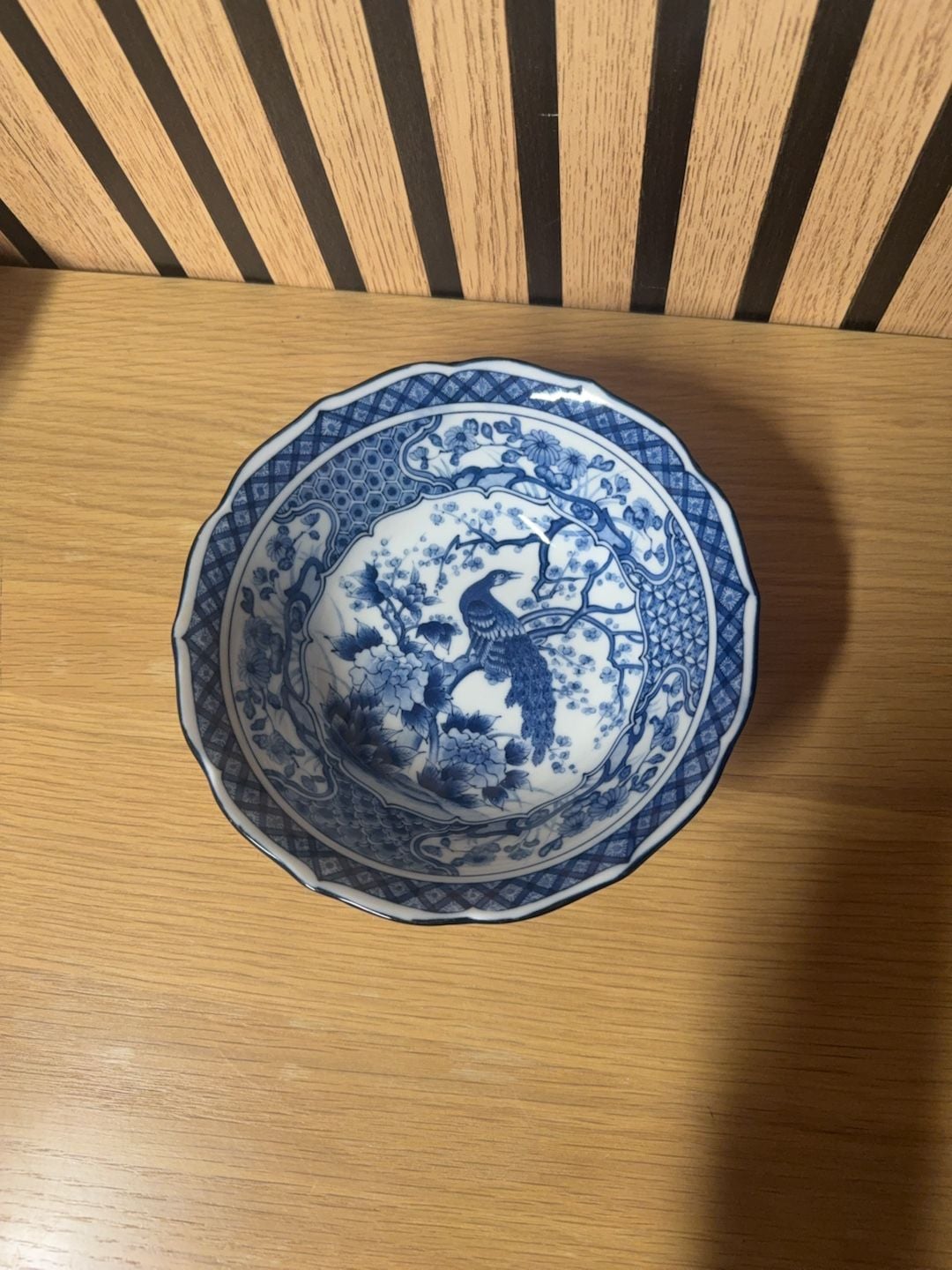 Vintage Japanese Blue and White Porcelain Peacock Scalloped Bowl 1