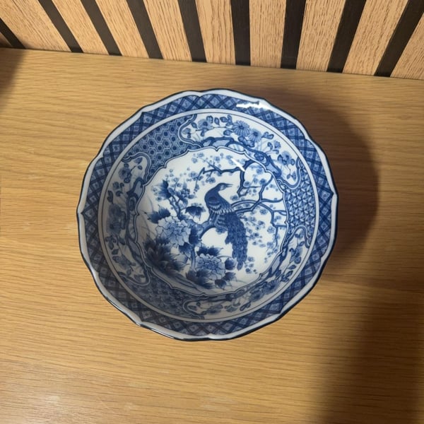 Vintage Japanese Blue and White Porcelain Peacock Scalloped Bowl