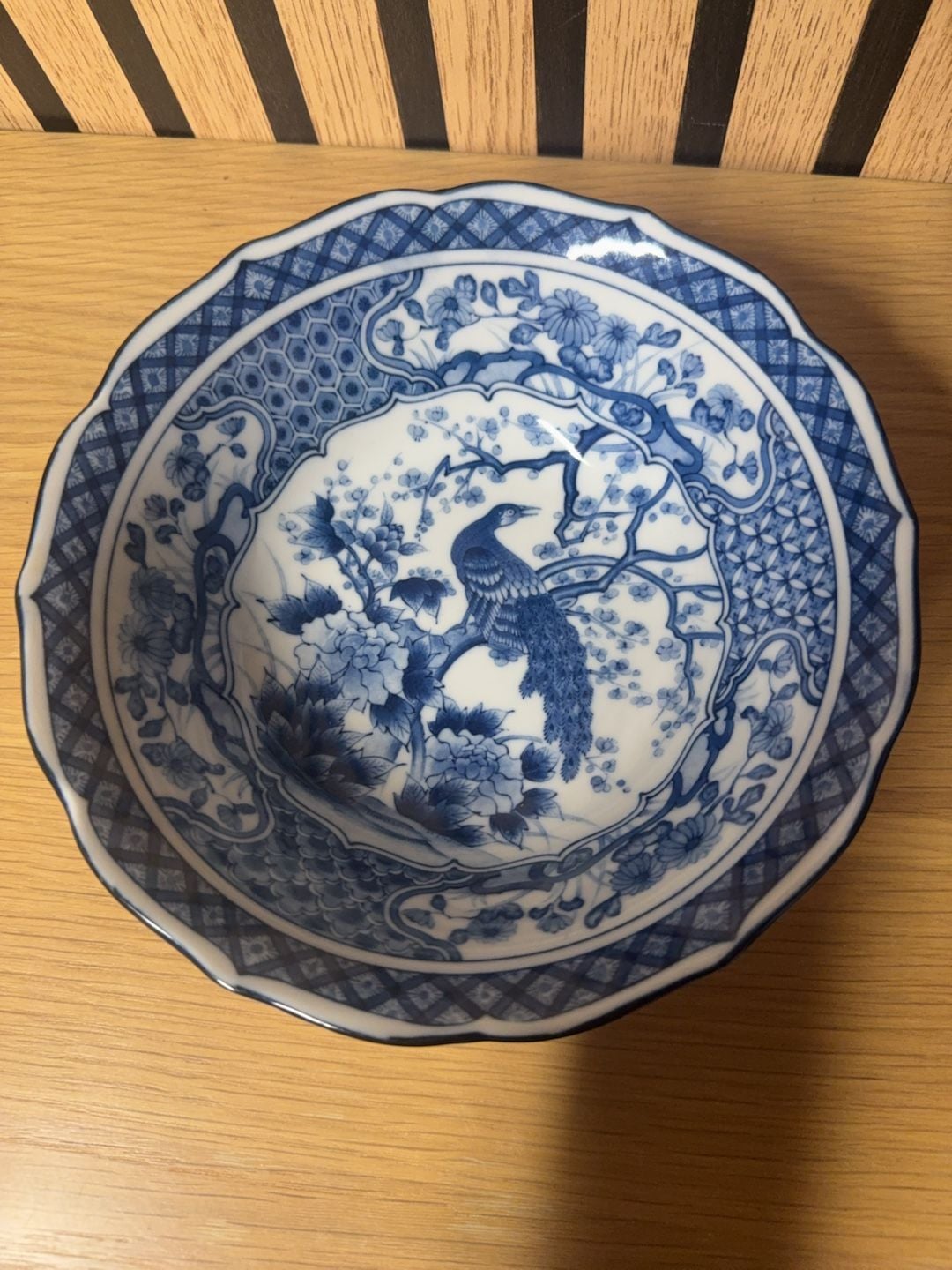Vintage Japanese Blue and White Porcelain Peacock Scalloped Bowl 2