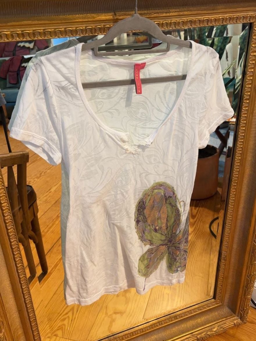 Charlotte Tarantola White Floral Burnout V-Neck T-Shirt Size L 2