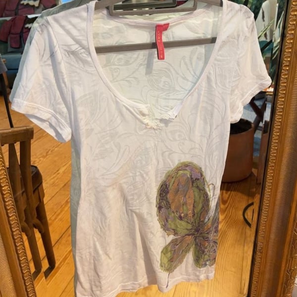 Charlotte Tarantola White Floral Burnout V-Neck T-Shirt Size L