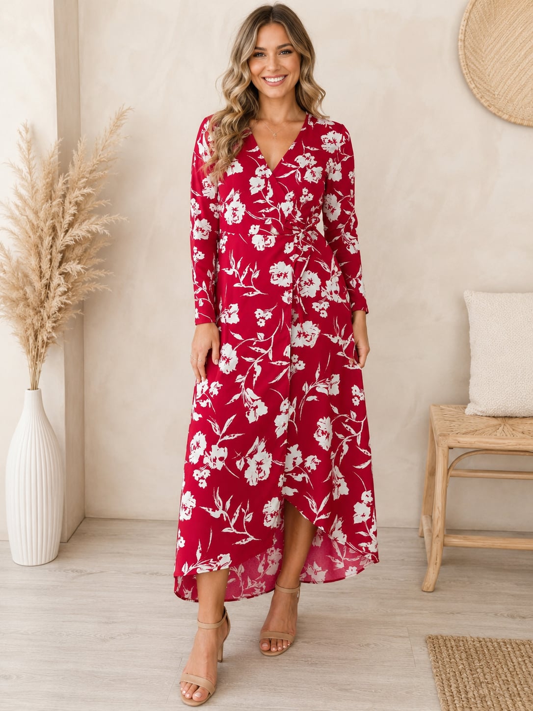 LUSH Red Floral Faux Wrap Midi Dress Long Sleeve Lined Women’s Size Small 14