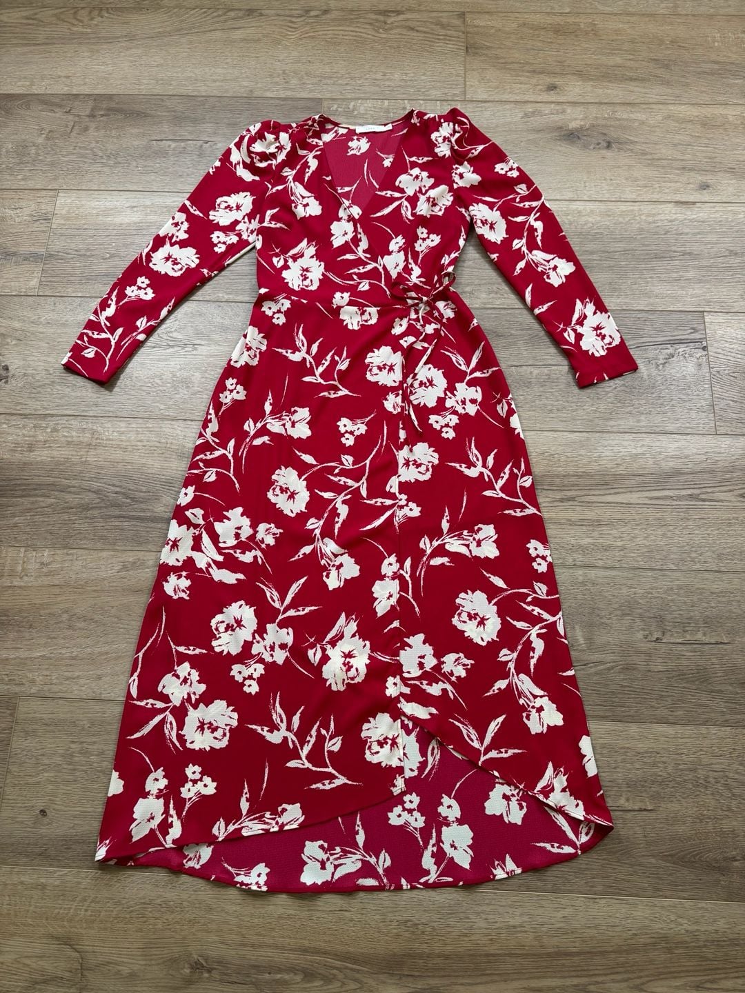 LUSH Red Floral Faux Wrap Midi Dress Long Sleeve Lined Women’s Size Small 3