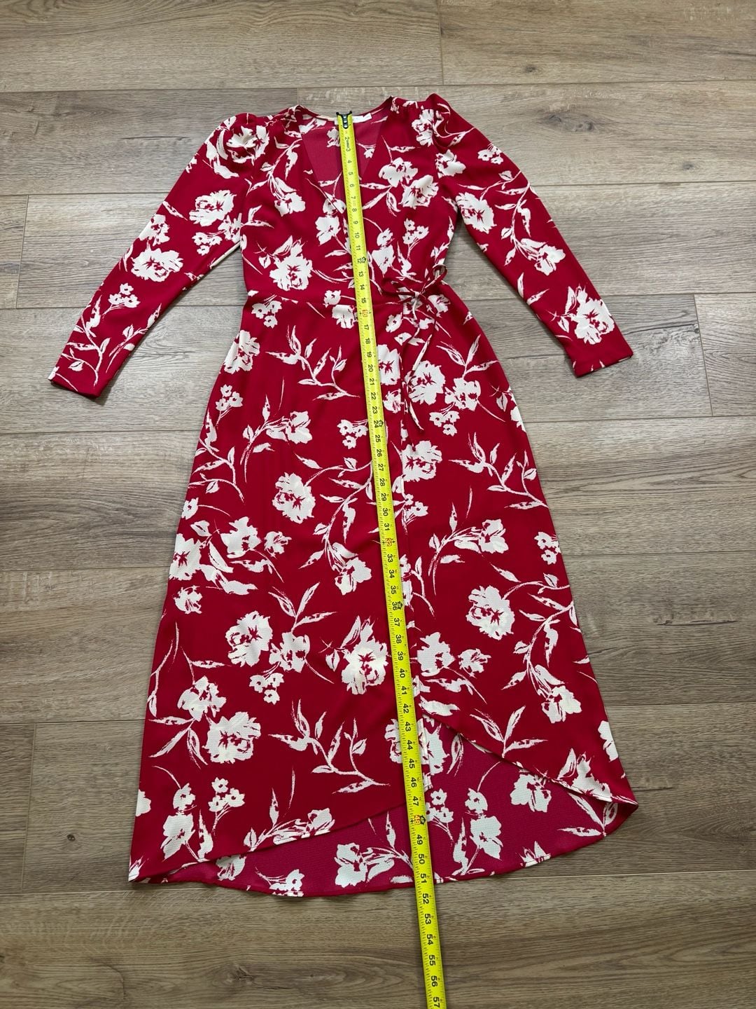 LUSH Red Floral Faux Wrap Midi Dress Long Sleeve Lined Women’s Size Small 7