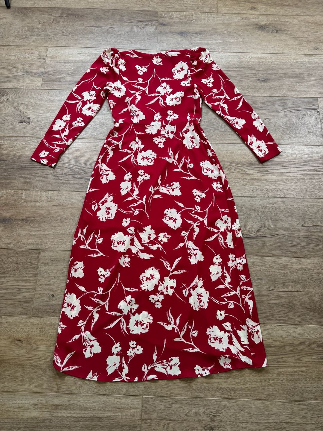 LUSH Red Floral Faux Wrap Midi Dress Long Sleeve Lined Women’s Size Small 4