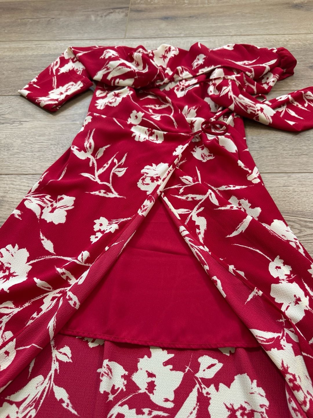 LUSH Red Floral Faux Wrap Midi Dress Long Sleeve Lined Women’s Size Small 8