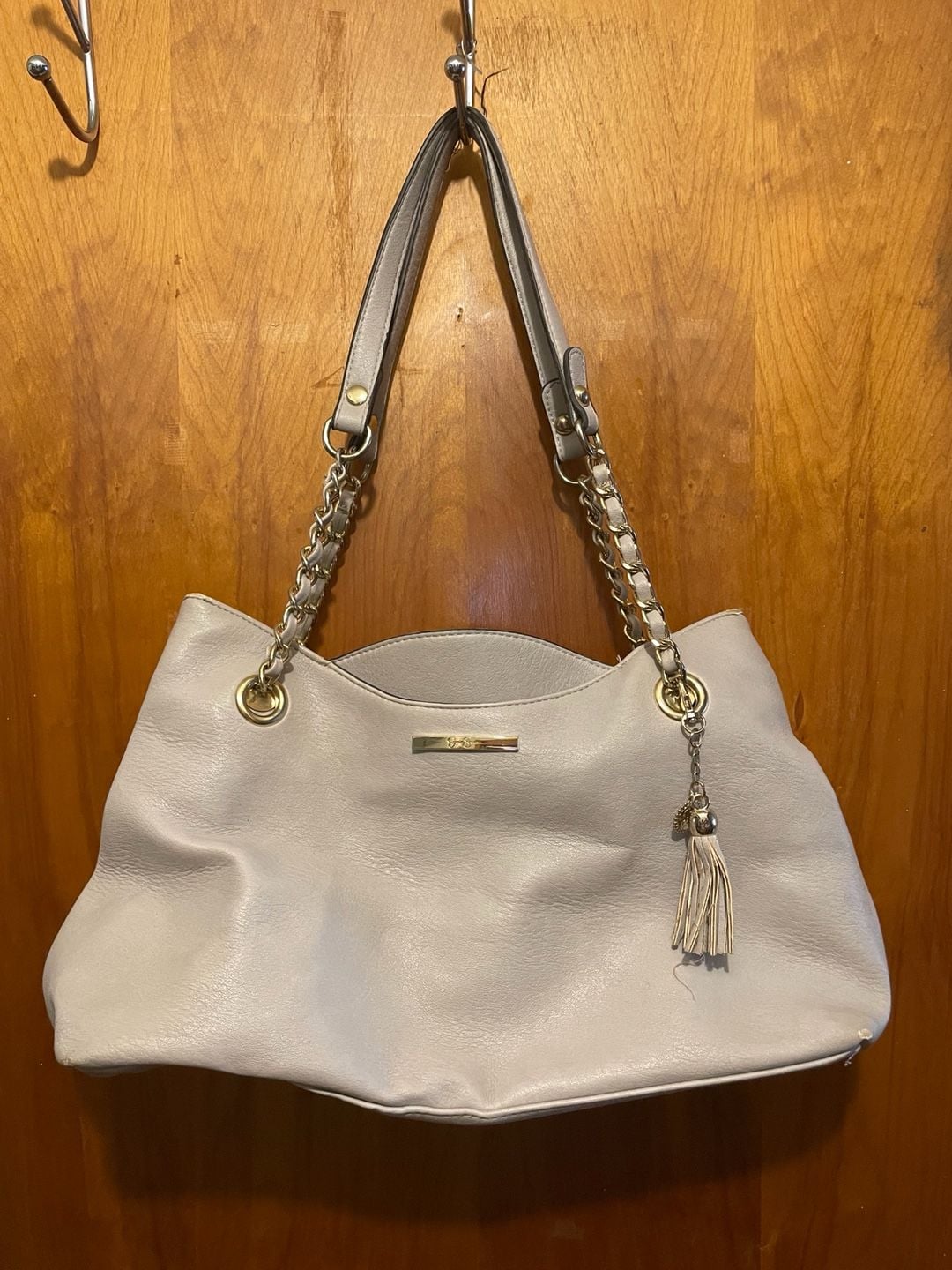 Jessica Simpson Beige Faux Leather Chain Strap Tote Bag with Tassel 1