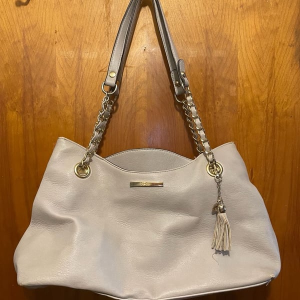 Jessica Simpson Beige Faux Leather Chain Strap Tote Bag with Tassel