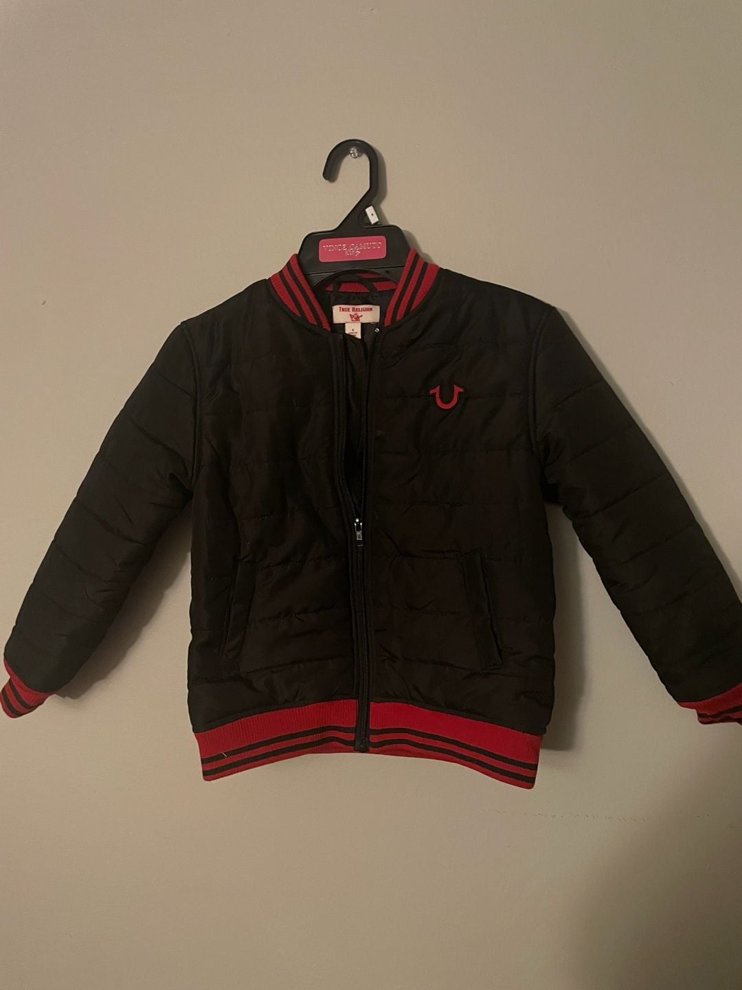 True Religion Kids Black and Red Quilted Bomber Jacket Size 6 2