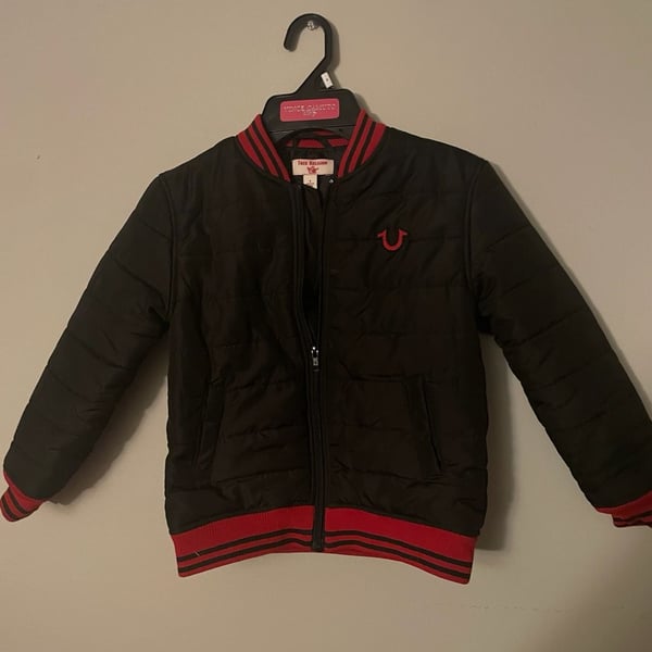 True Religion Kids Black and Red Quilted Bomber Jacket Size 6
