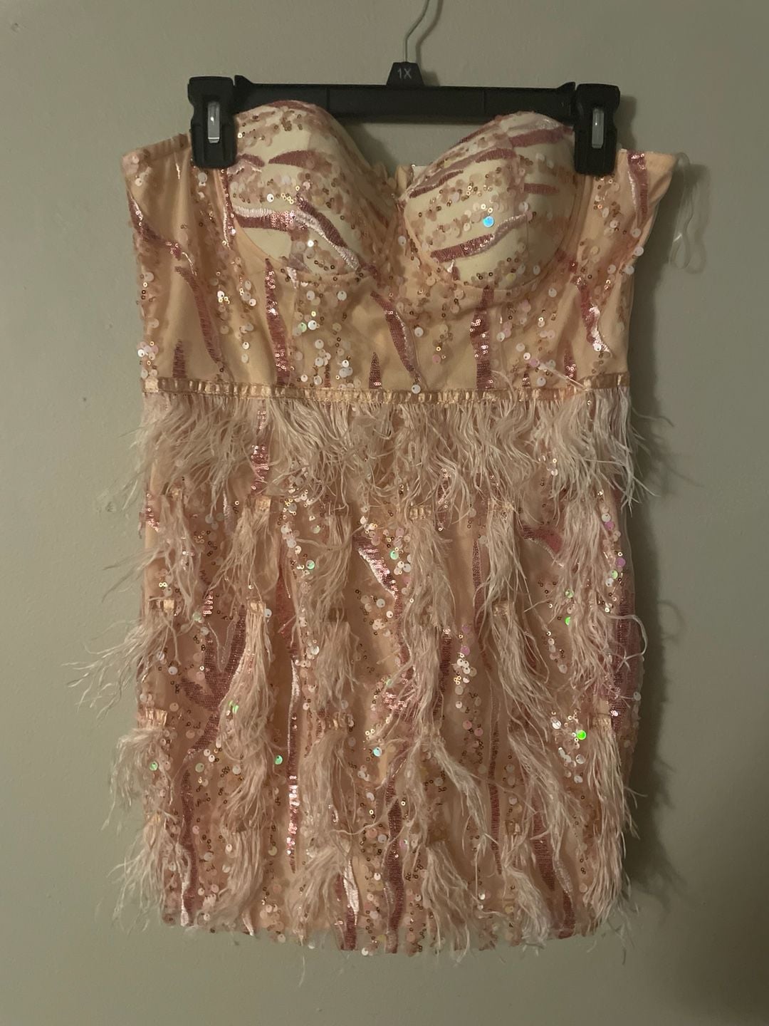 Strapless Sequin and Feather Mini Dress Pink Size L 2