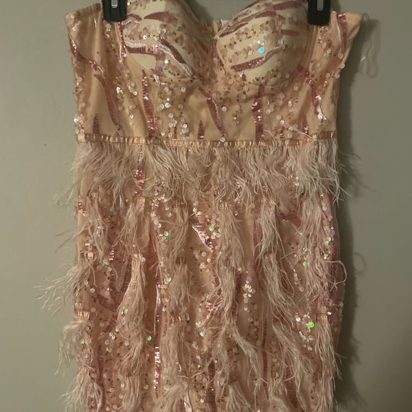 Strapless Sequin and Feather Mini Dress Pink Size L