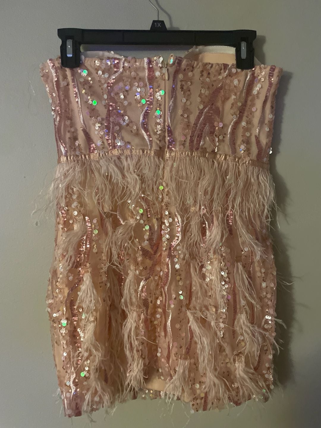 Strapless Sequin and Feather Mini Dress Pink Size L 3
