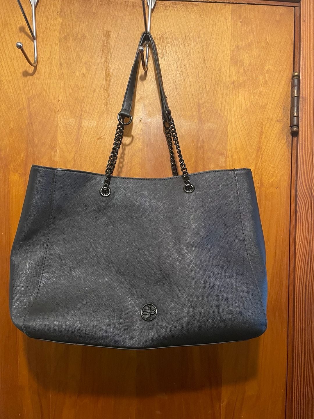 Crossi Black Saffiano Faux Leather Chain Strap Tote Bag 2