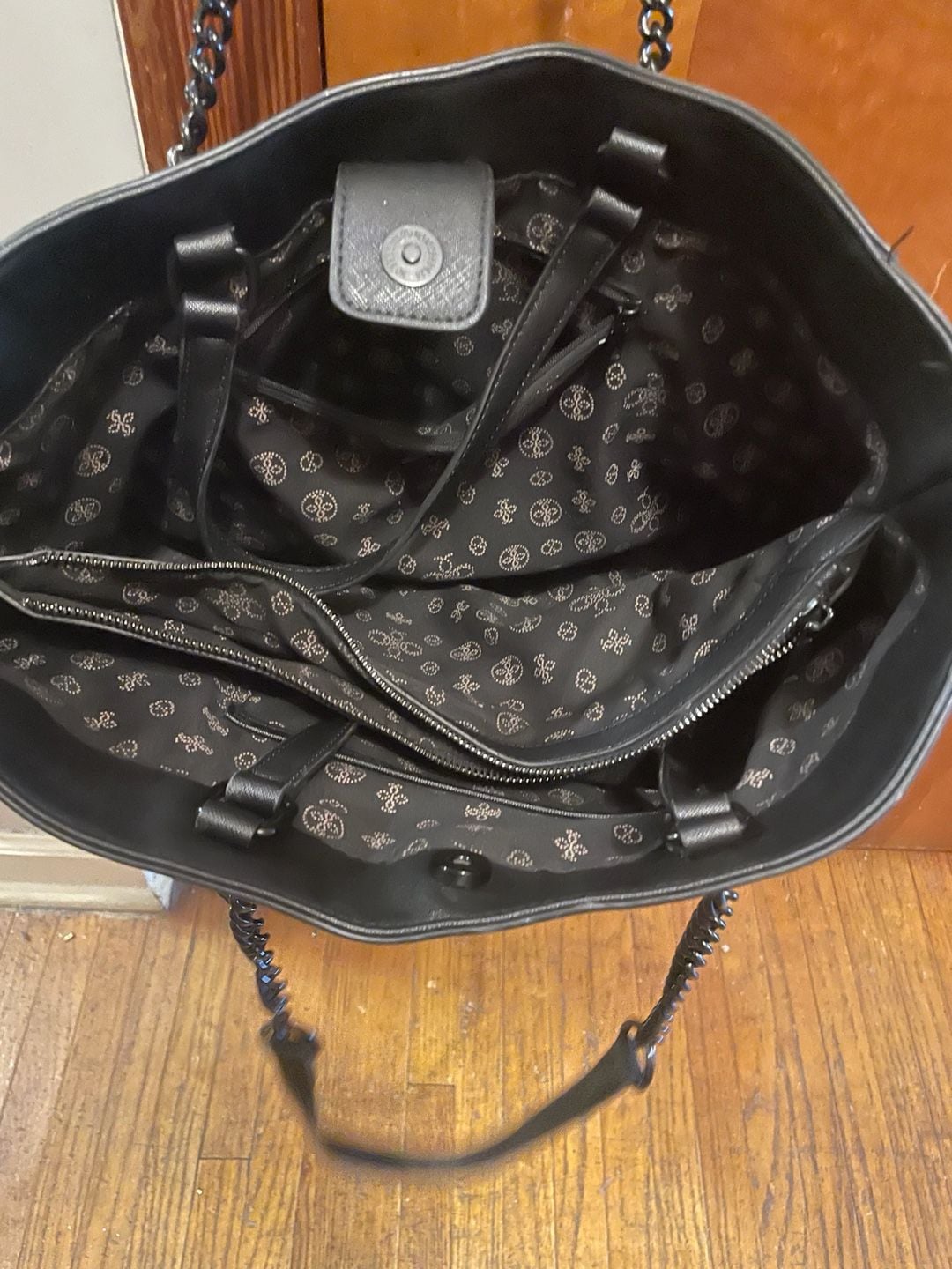 Crossi Black Saffiano Faux Leather Chain Strap Tote Bag 7