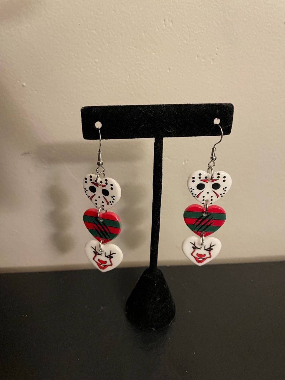 Horror Movie Triple Heart Dangle Earrings Jason Freddy Pennywise 2