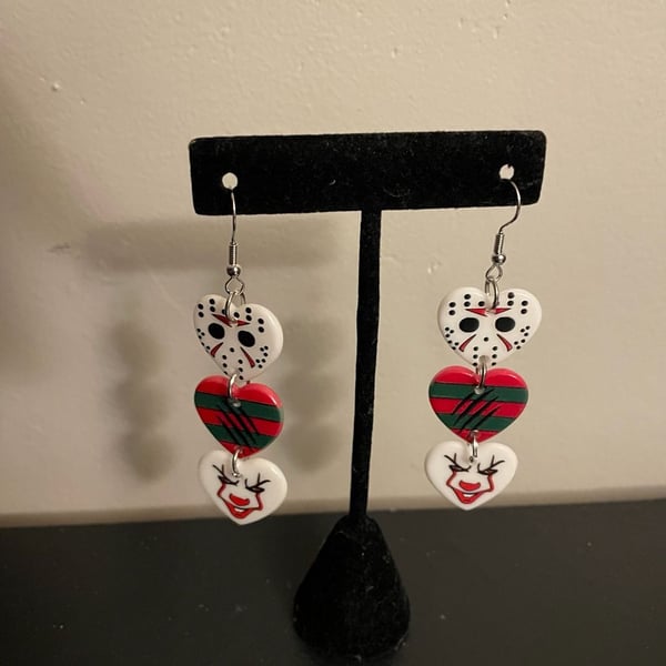 Horror Movie Triple Heart Dangle Earrings Jason Freddy Pennywise