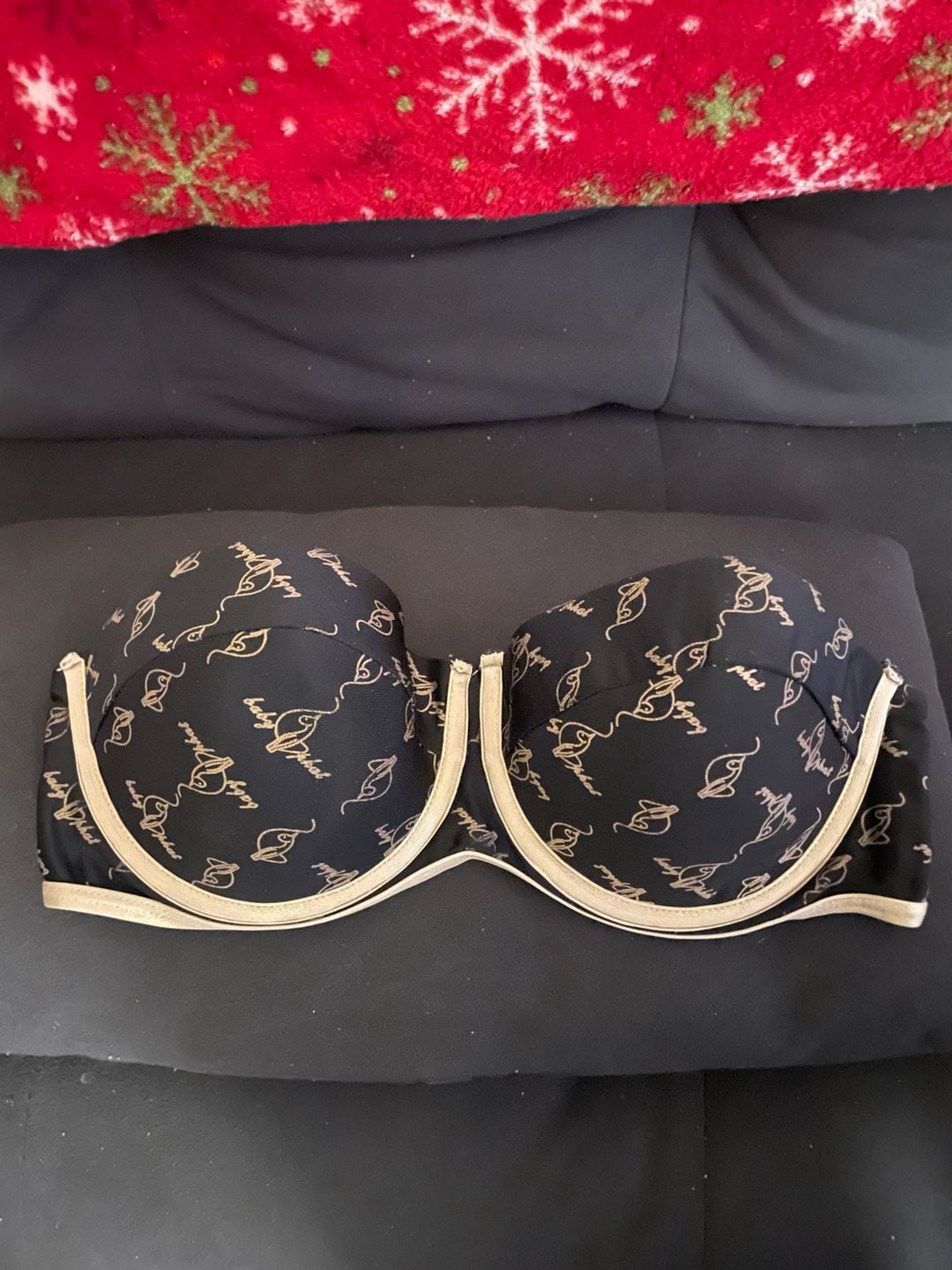 Baby Phat Logo Print Strapless Underwire Bra Black Gold 1