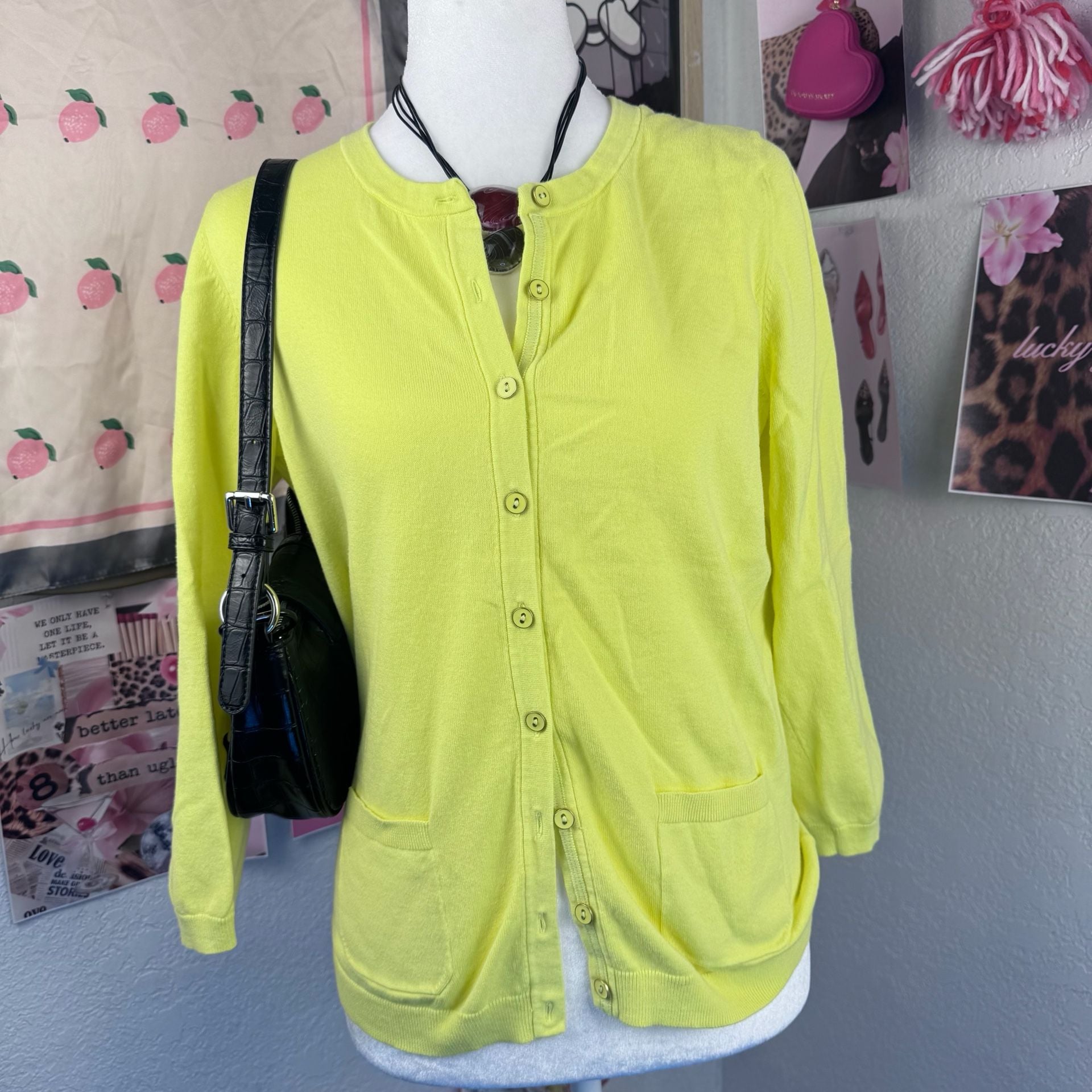 Talbots Button Front Cardigan Sweater chartreuse Size M 2