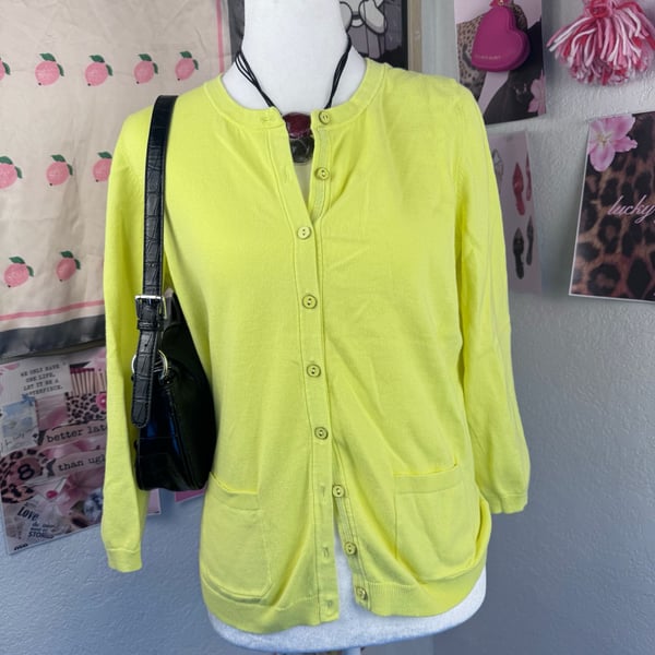 Talbots Button Front Cardigan Sweater chartreuse Size M