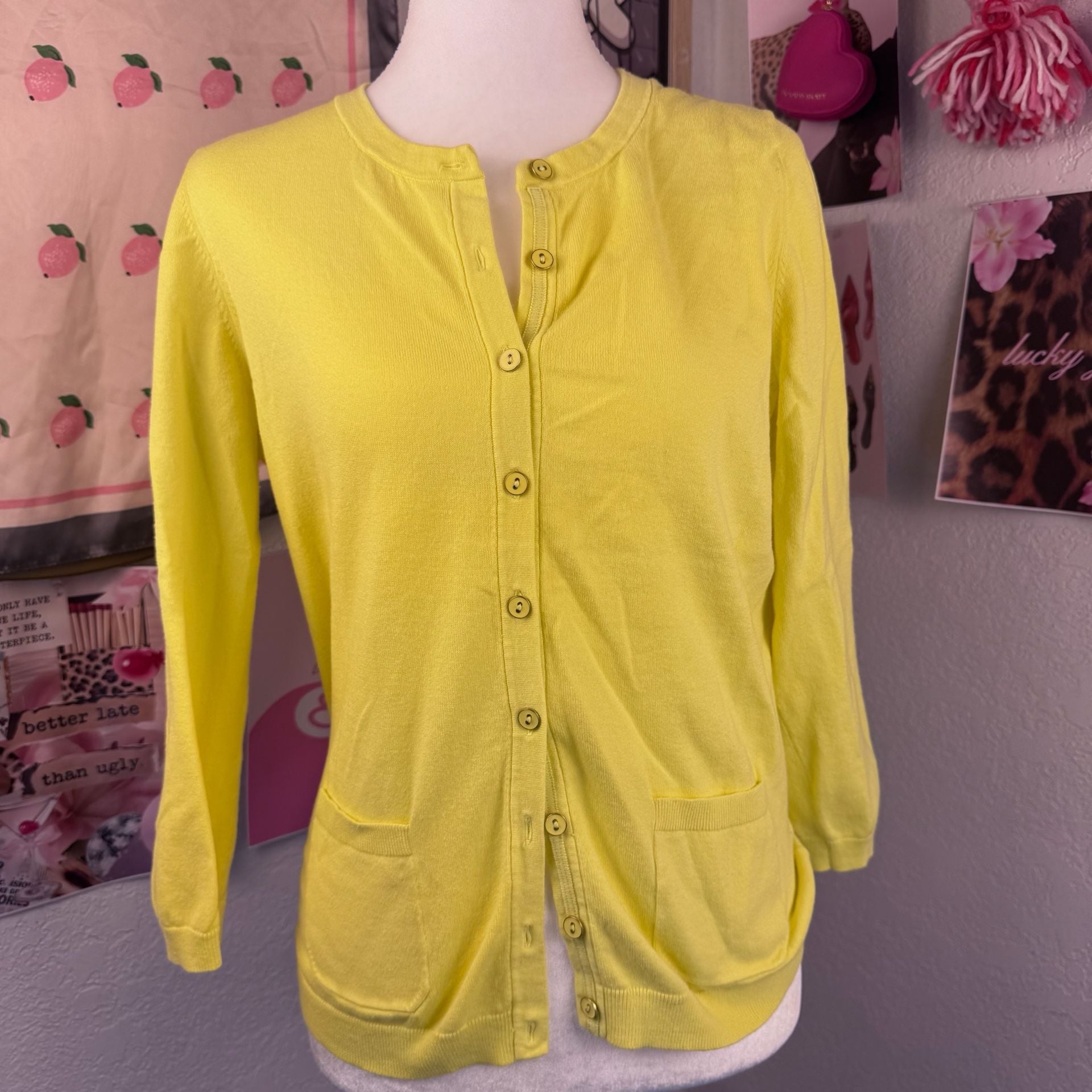 Talbots Button Front Cardigan Sweater chartreuse Size M 3