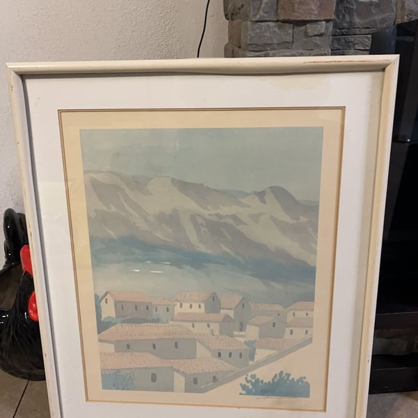 Vintage Framed Watercolor Landscape Painting of Mediterranean Village