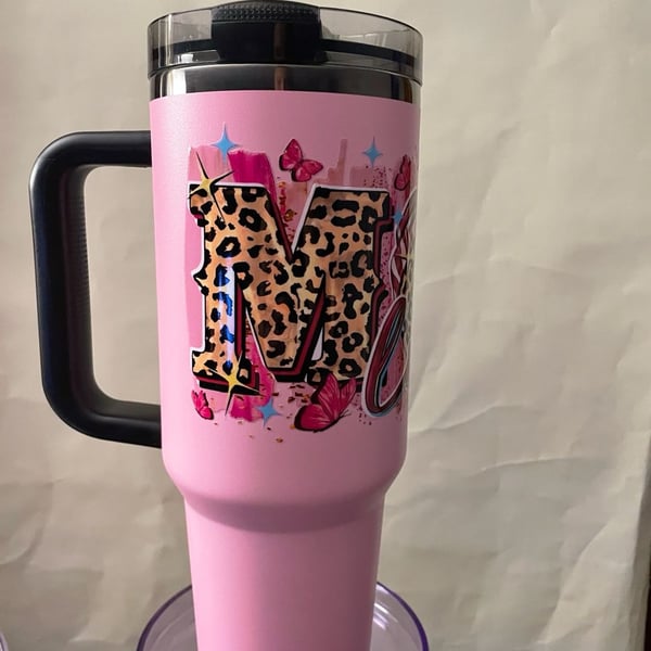 Custom Pink Leopard Print Mom 40oz Insulated Tumbler with Handle