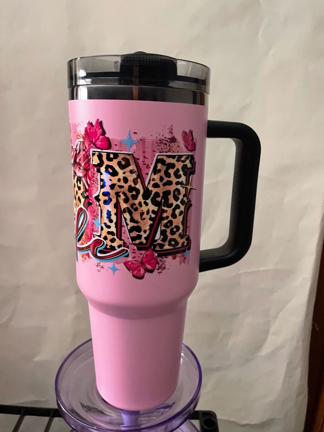 Custom Pink Leopard Print Mom 40oz Insulated Tumbler with Handle 3