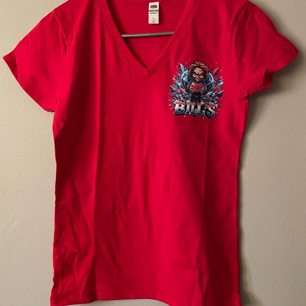 Fruit of the Loom Ladies Chucky Buffalo Bills Graphic V-Neck T-Shirt Size Small