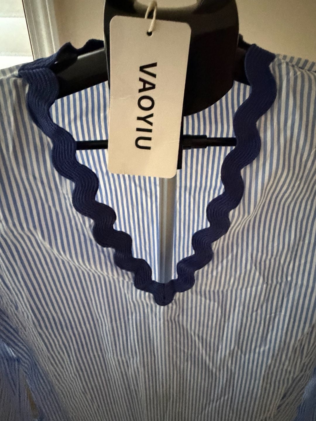 VAOYIU Blue and White Striped Scalloped Trim Tunic Top Size S 4