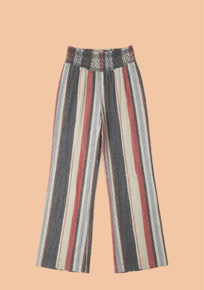 Unbranded Striped Smocked Waist Wide Leg Linen Blend Pants 2