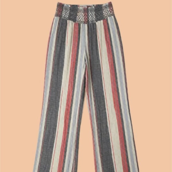 Unbranded Striped Smocked Waist Wide Leg Linen Blend Pants